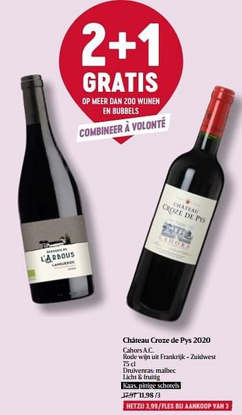 Promoties Château croze de pys 2020 cahors a.c. rode wijn uit frankrijk - zuidwest - Rode wijnen - Geldig van 16/03/2023 tot 22/03/2023 bij Delhaize