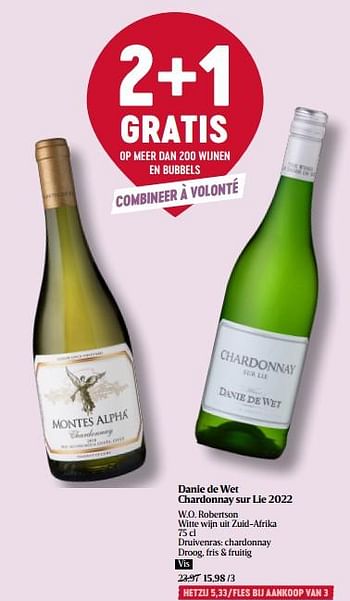 Promoties Danie de wet chardonnay sur lie 2022 w.o. robertson witte wijn uit zuid-afrika - Witte wijnen - Geldig van 16/03/2023 tot 22/03/2023 bij Delhaize