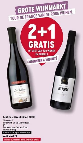 Promoties Les chatelières chinon 2020 chinon a.c. rode wijn uit de loirestreek - Rode wijnen - Geldig van 16/03/2023 tot 22/03/2023 bij Delhaize
