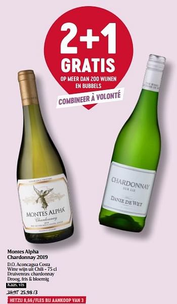 Promoties Montes alpha chardonnay 2019 d.o. aconcagua costa witte wijn uit chili - Witte wijnen - Geldig van 16/03/2023 tot 22/03/2023 bij Delhaize