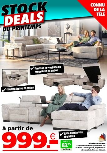 Promotions Modèle argentina - Produit maison - Seats and Sofas - Valide de 16/03/2023 à 02/04/2023 chez Seats and Sofas