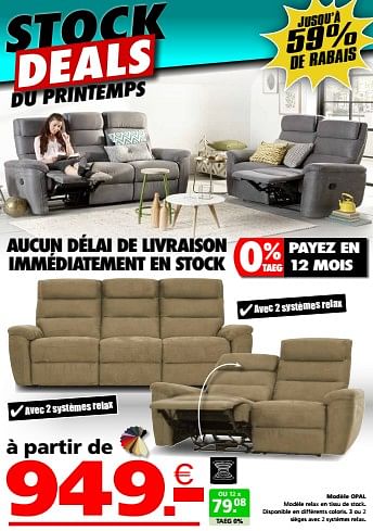 Promotions Modèle opal - Produit maison - Seats and Sofas - Valide de 16/03/2023 à 02/04/2023 chez Seats and Sofas