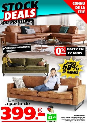 Promotions Modèle pancho - Produit maison - Seats and Sofas - Valide de 16/03/2023 à 02/04/2023 chez Seats and Sofas