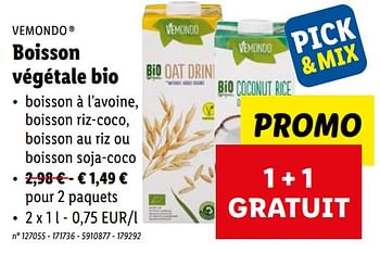 Promotions Boisson végétale bio - Vemondo - Valide de 22/03/2023 à 28/03/2023 chez Lidl