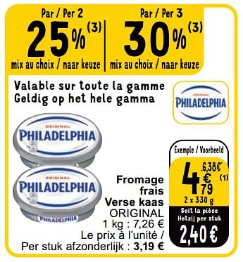 Promoties Fromage frais verse kaas original - Philadelphia - Geldig van 21/03/2023 tot 27/03/2023 bij Cora