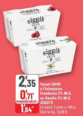Promotions Yaourt skyr à l’islandaise framboise ou vanille siggi’s - Siggi's - Valide de 15/03/2023 à 26/03/2023 chez G20