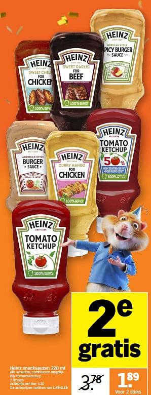 Promoties Heinz snacksauzen tomatenketchup - Heinz - Geldig van 20/03/2023 tot 26/03/2023 bij Albert Heijn