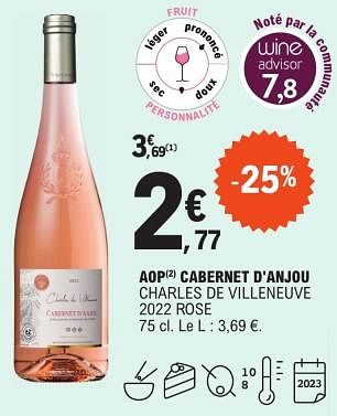 Promoties Aop cabernet d`anjou charles de villeneuve 2022 rose - Rosé wijnen - Geldig van 21/03/2023 tot 01/04/2023 bij E.Leclerc