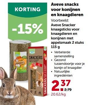 Promoties Aveve snacker knaagsticks voor knaagdieren en konijnen met appelsmaak - Huismerk - Aveve - Geldig van 27/03/2023 tot 08/04/2023 bij Aveve