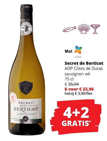 Promoties Secret de berticot aop côtes de duras sauvignon wit - Witte wijnen - Geldig van 23/03/2023 tot 05/04/2023 bij Spar (Colruytgroup)