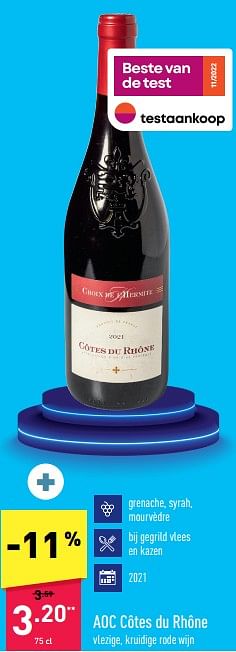 Promoties Aoc côtes du rhône - Rode wijnen - Geldig van 27/03/2023 tot 07/04/2023 bij Aldi
