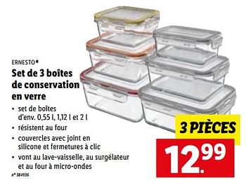 Promoties Set de 3 boîtes de conservation en verre - Ernesto - Geldig van 29/03/2023 tot 04/04/2023 bij Lidl