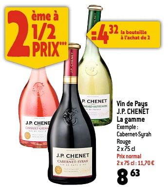Promoties Vin de pays j.p. chenet cabernet-syrah rouge - Rode wijnen - Geldig van 22/03/2023 tot 28/03/2023 bij Smatch