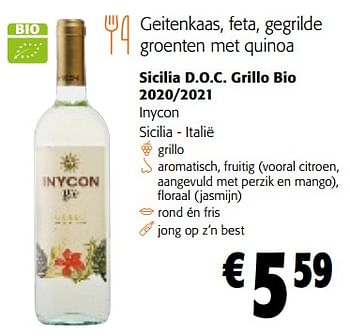 Promotions Sicilia d.o.c. grillo bio 2020-2021 inycon sicilia - italië - Vins blancs - Valide de 22/03/2023 à 04/04/2023 chez Colruyt
