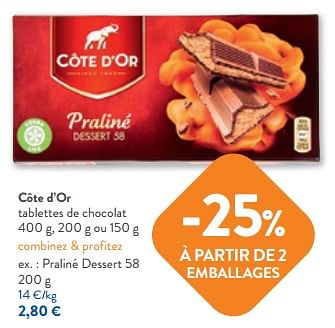 Promotions Côte d’or tablettes de chocolat praliné dessert 58 - Cote D'Or - Valide de 22/03/2023 à 04/04/2023 chez OKay