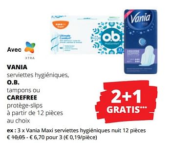 Promotions Vania maxi serviettes hygiéniques nuit - Vania - Valide de 23/03/2023 à 05/04/2023 chez Spar (Colruytgroup)