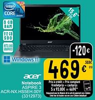 Promoties Acer notebook aspire 3 acr-nx.hs5eh.00y - Acer - Geldig van 28/03/2023 tot 08/04/2023 bij Cora