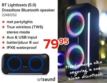 Promoties Artsound bt lightbeats 5.0 draadloze bluetooth speaker - Artsound - Geldig van 27/03/2023 tot 16/04/2023 bij Euro Shop