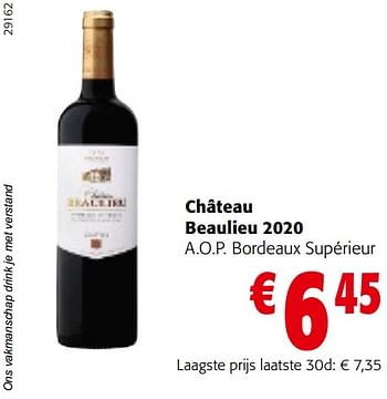 Promoties Château beaulieu 2020 a.o.p. bordeaux supérieur - Rode wijnen - Geldig van 22/03/2023 tot 04/04/2023 bij Colruyt