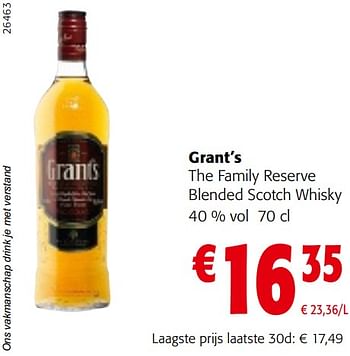 Promoties Grant’s the family reserve blended scotch whisky - Grant's - Geldig van 22/03/2023 tot 04/04/2023 bij Colruyt