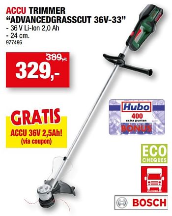 Promoties Bosch accu trimmer advancedgrasscut 36v-33 - Bosch - Geldig van 29/03/2023 tot 09/04/2023 bij Hubo