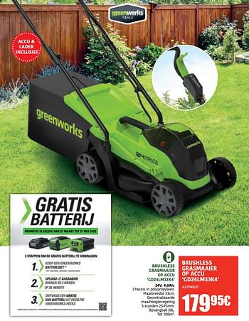 Promoties Greenworks brushless grasmaaier op accu gd24lm33k4 - Greenworks - Geldig van 30/03/2023 tot 30/09/2023 bij HandyHome