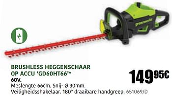 Promoties Greenworks brushless heggenschaar op accu gd60ht66 - Greenworks - Geldig van 30/03/2023 tot 30/09/2023 bij HandyHome