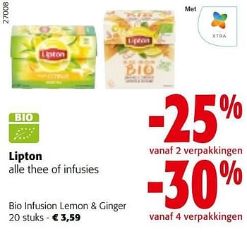 Promoties Lipton bio infusion lemon + ginger - Lipton - Geldig van 22/03/2023 tot 04/04/2023 bij Colruyt