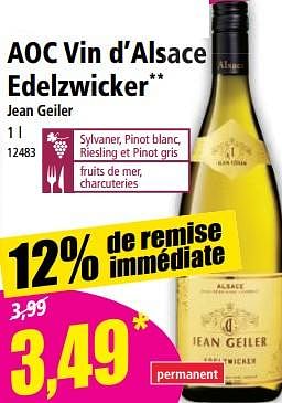 Promotions Aoc vin d’alsace edelzwicker jean geiler - Vins blancs - Valide de 29/03/2023 à 04/04/2023 chez Norma