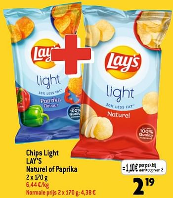 Promoties Chips light lay’s naturel of paprika - Lay's - Geldig van 29/03/2023 tot 04/04/2023 bij Louis Delhaize