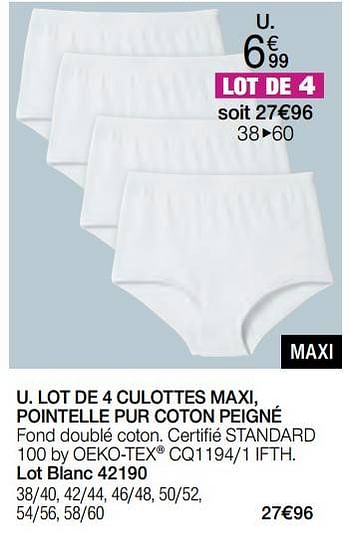 Promoties Lot de 4 culottes maxi, pointelle pur coton peigné - Huismerk - Damart - Geldig van 01/04/2023 tot 15/06/2023 bij Damart