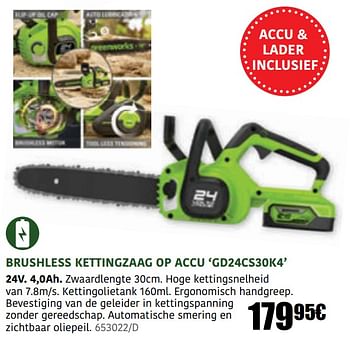 Promoties Greenworks brushless kettingzaag op accu gd24cs30k4 - Greenworks - Geldig van 30/03/2023 tot 30/06/2023 bij Europoint