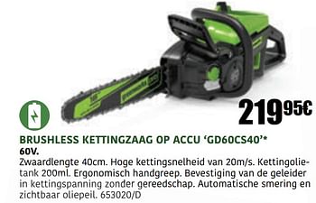 Promoties Greenworks brushless kettingzaag op accu gd60cs40 - Greenworks - Geldig van 30/03/2023 tot 30/06/2023 bij Europoint