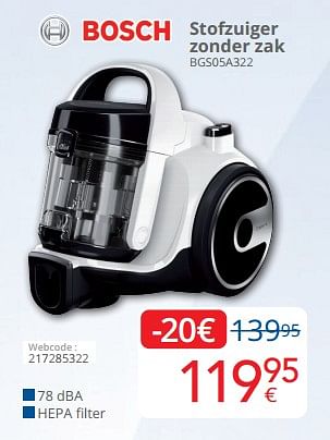 Promoties Bosch stofzuiger zonder zak bgs05a322 - Bosch - Geldig van 01/04/2023 tot 30/04/2023 bij Eldi