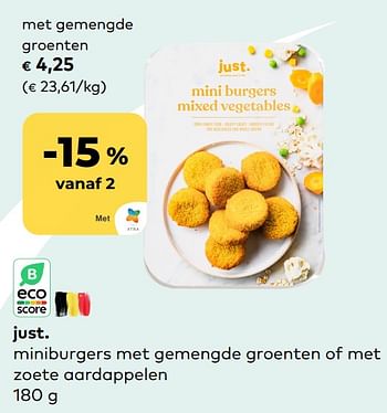 Promoties Just. miniburgers met gemengde groenten - Just - Geldig van 29/03/2023 tot 25/04/2023 bij Bioplanet
