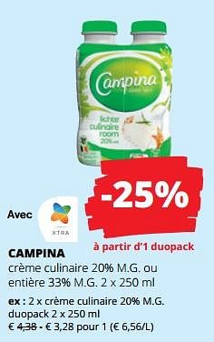 Promotions Campina crème culinaire - Campina - Valide de 06/04/2023 à 19/04/2023 chez Spar (Colruytgroup)