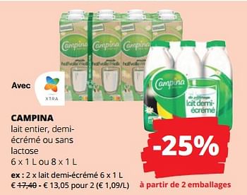 Promotions Campina lait demi-écrémé - Campina - Valide de 06/04/2023 à 19/04/2023 chez Spar (Colruytgroup)