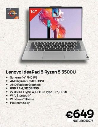 Promoties Lenovo ideapad 5 ryzen 5 5500u - Lenovo - Geldig van 01/04/2023 tot 30/04/2023 bij Compudeals