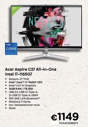Promoties Acer aspire c27 all-in-one intel i7-1165g7 - Acer - Geldig van 01/04/2023 tot 30/04/2023 bij Compudeals
