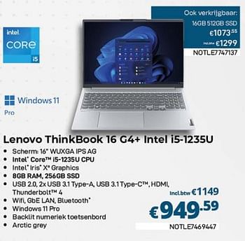 Promoties Lenovo thinkbook 16 g4+ intel i5-1235u - Lenovo - Geldig van 01/04/2023 tot 30/04/2023 bij Compudeals