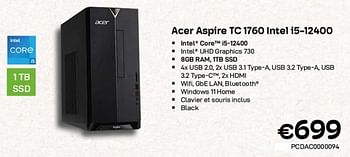 Promotions Acer aspire tc 1760 intel i5-12400 - Acer - Valide de 01/04/2023 à 30/04/2023 chez Compudeals