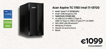 Promotions Acer aspire tc 1780 intel i7-13700 - Acer - Valide de 01/04/2023 à 30/04/2023 chez Compudeals