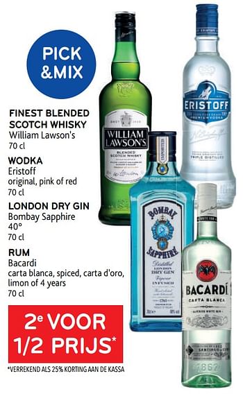 Promoties Finest blended scotch whisky william lawson’s + wodka eristoff + london dry gin bombay sapphire + rum bacardi 2e voor 1-2 prijs - Huismerk - Alvo - Geldig van 19/04/2023 tot 02/05/2023 bij Alvo
