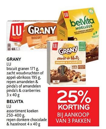 Promoties Grany lu + belvita lu 25% korting bij aankoop van 3 pakken - Lu - Geldig van 19/04/2023 tot 02/05/2023 bij Alvo