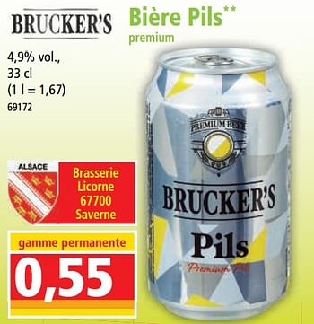 Promotions Bière pils premium - Brucker's - Valide de 12/04/2023 à 18/04/2023 chez Norma