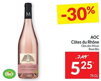 Promoties Aoc côtes du rhône clos des miran rosé bio - Rosé wijnen - Geldig van 18/04/2023 tot 23/04/2023 bij Intermarche