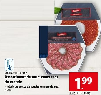 Promoties Assortiment de saucissons secs du monde - Dulano - Geldig van 19/04/2023 tot 25/04/2023 bij Lidl
