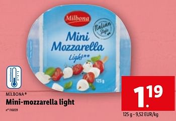 Promotions Mini-mozzarella light - Milbona - Valide de 19/04/2023 à 25/04/2023 chez Lidl