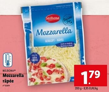 Promotions Mozzarella râpée - Milbona - Valide de 19/04/2023 à 25/04/2023 chez Lidl