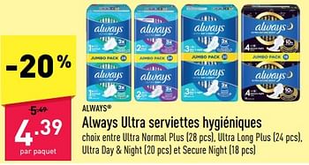 Promotions Always ultra serviettes hygiéniques - Always - Valide de 24/04/2023 à 05/05/2023 chez Aldi